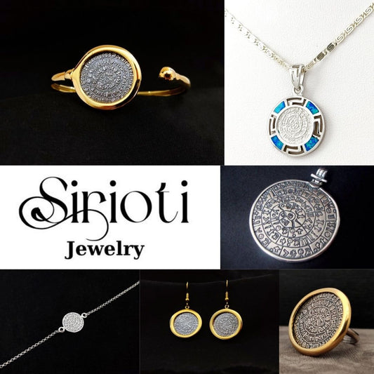 Phaistos Disc Silver Jewelry | Necklaces Pendants Bracelets Rings Earrings | Sirioti Greek Jewelry