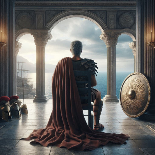 "Odysseus sits on his throne in Ithaca, gazing into the distance with a nostalgic expression, reminiscing about his past glories and adventures."