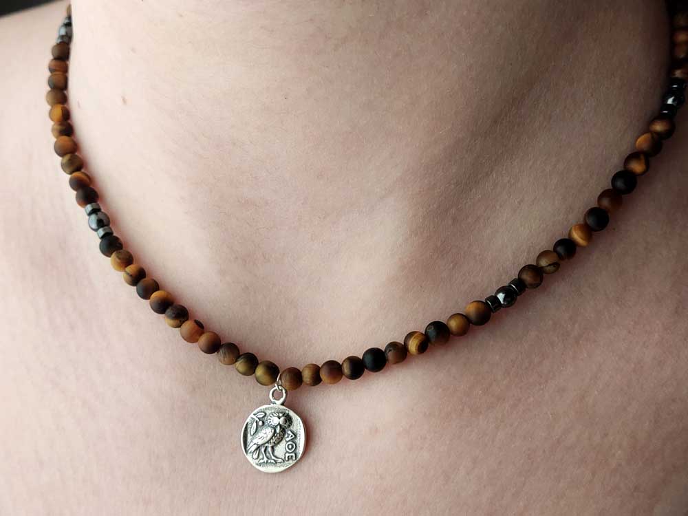 Handmade Greek Necklace With Natural Tiger Eye And Sterling Silver 925 Double Side Athena Owl Coin Pendant Necklace