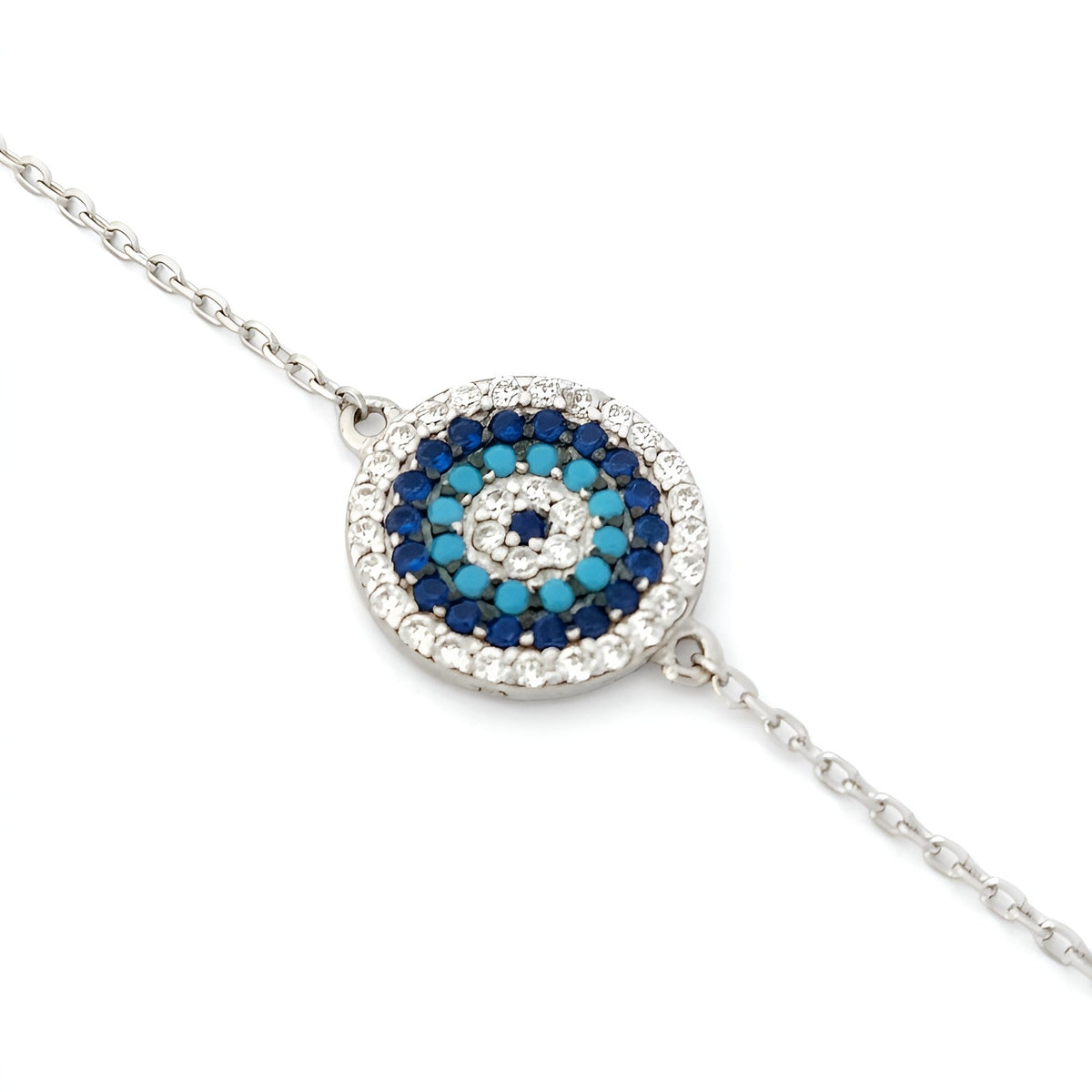 Adjustable silver Evil Eye bracelet with cubic zirconia