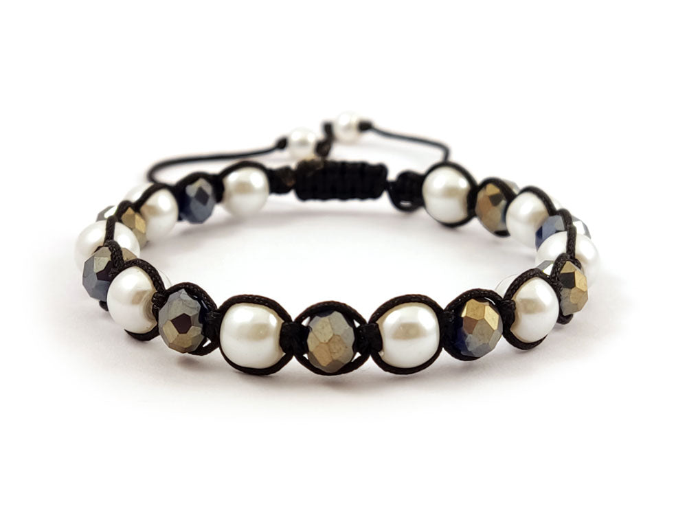 Close-up of pearl and crystal macrame bracelet