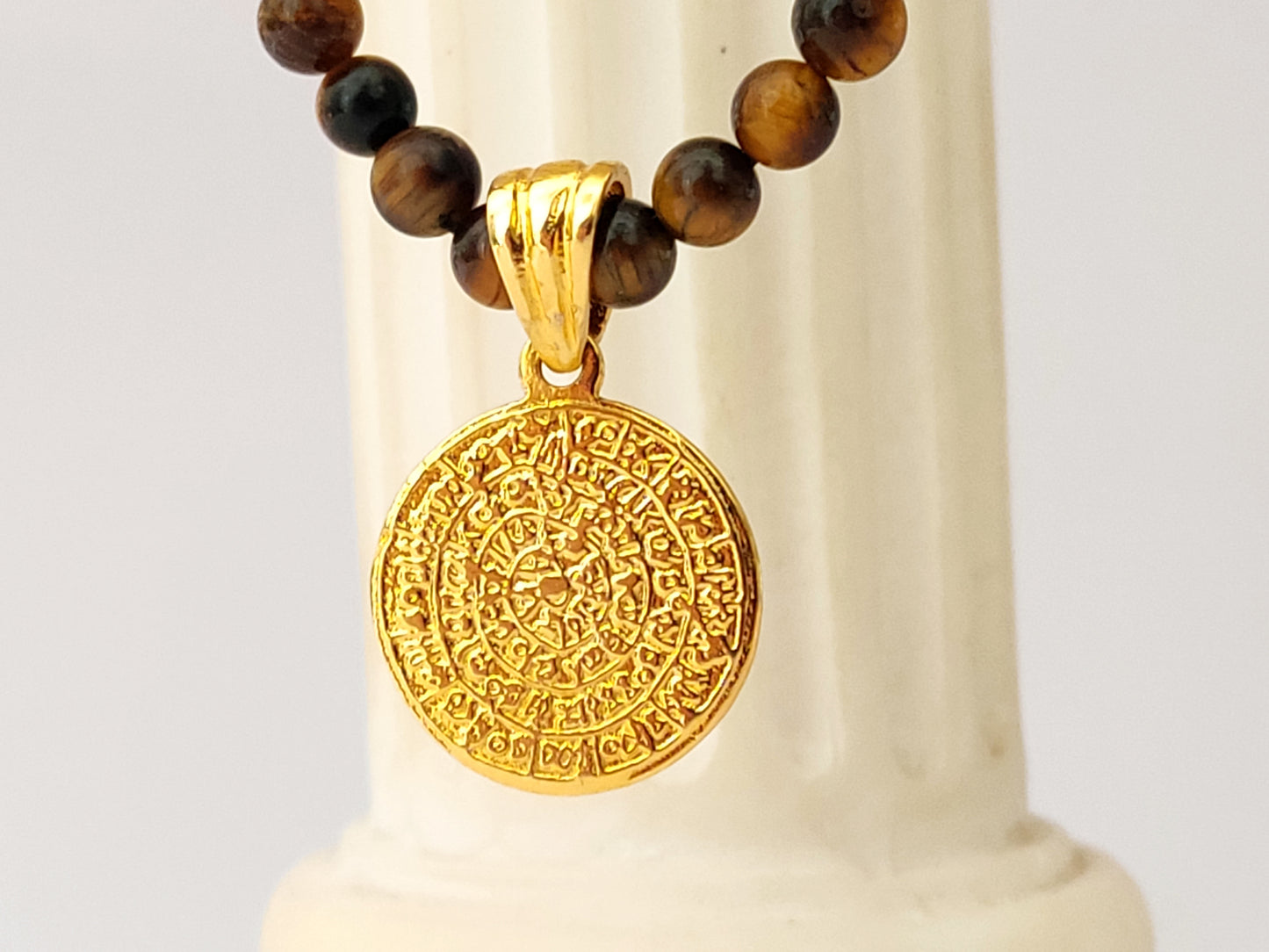 Sterling Silver 925 Greek Phaistos Disc Gold Plated Pendant 17mm | Tiger's Eye Stones Necklace
