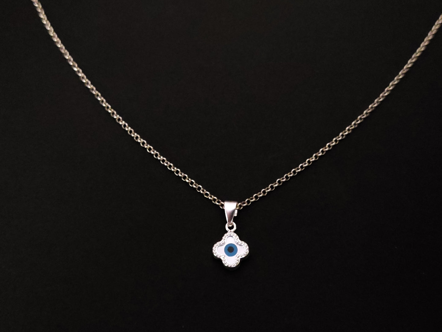 Sterling Silver 925 Greek Evil Eye Nazar Cross Pendant 9mm Necklace