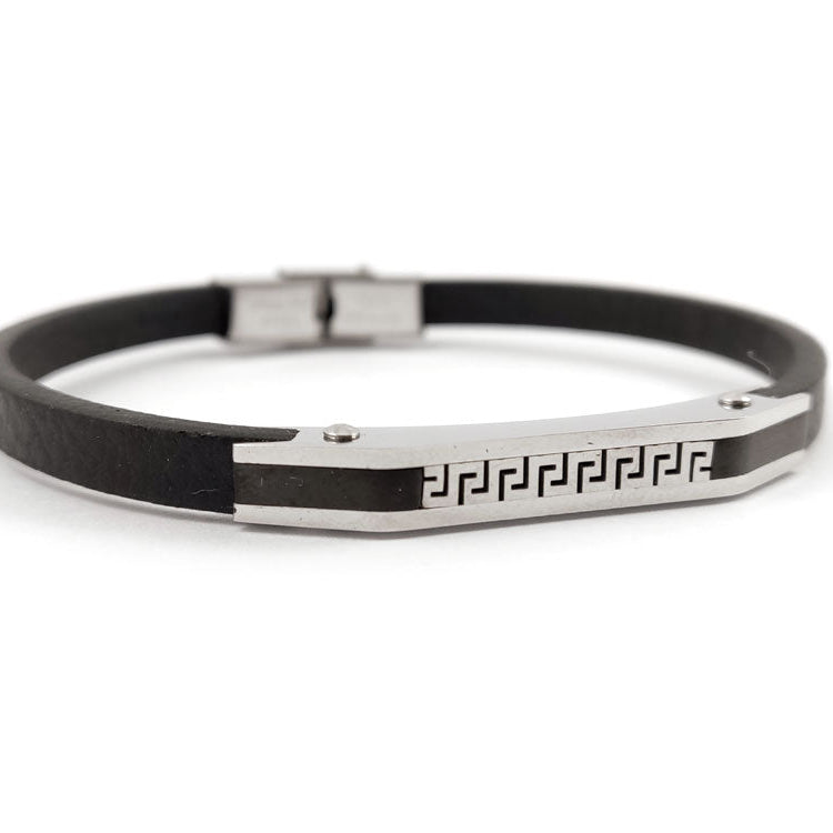 Close-up of silver and black leather men’s bracelet clasp
