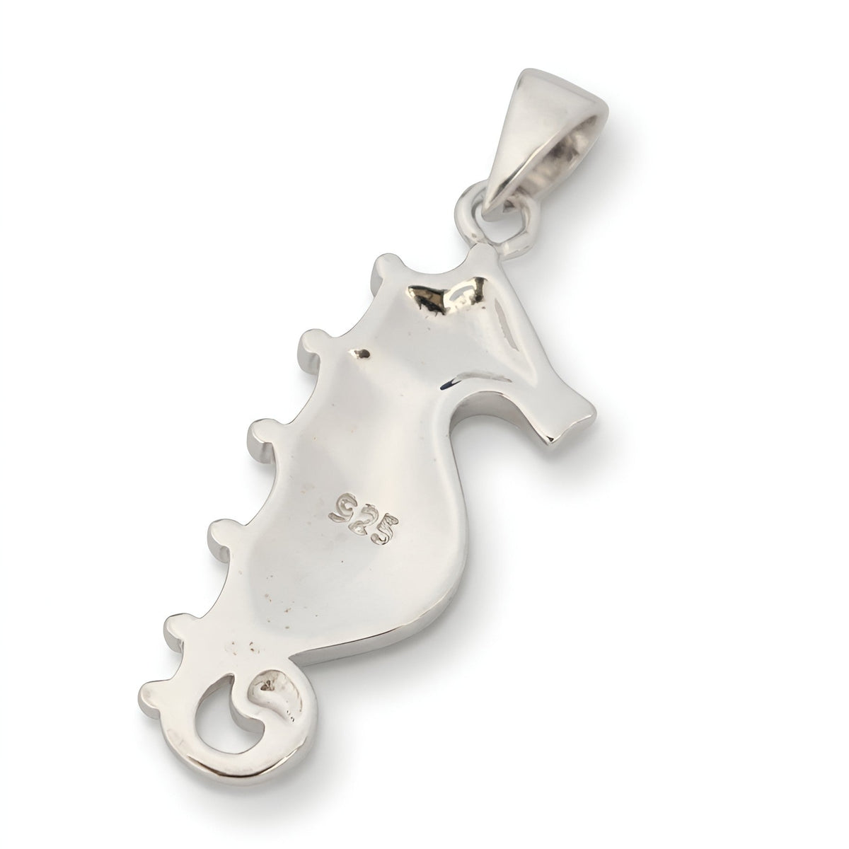 A sterling silver seahorse pendant charm with a polished finish and a bail at the top, featuring a '925' silver purity stamp on its side, shown against a plain white background.