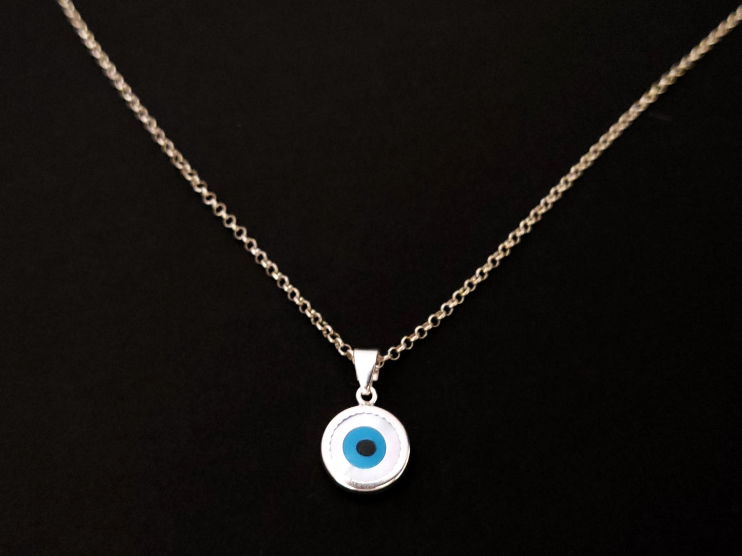 Greek Silver Mother Of Pearl Evil Eye 10mm Chain Pendant Necklace