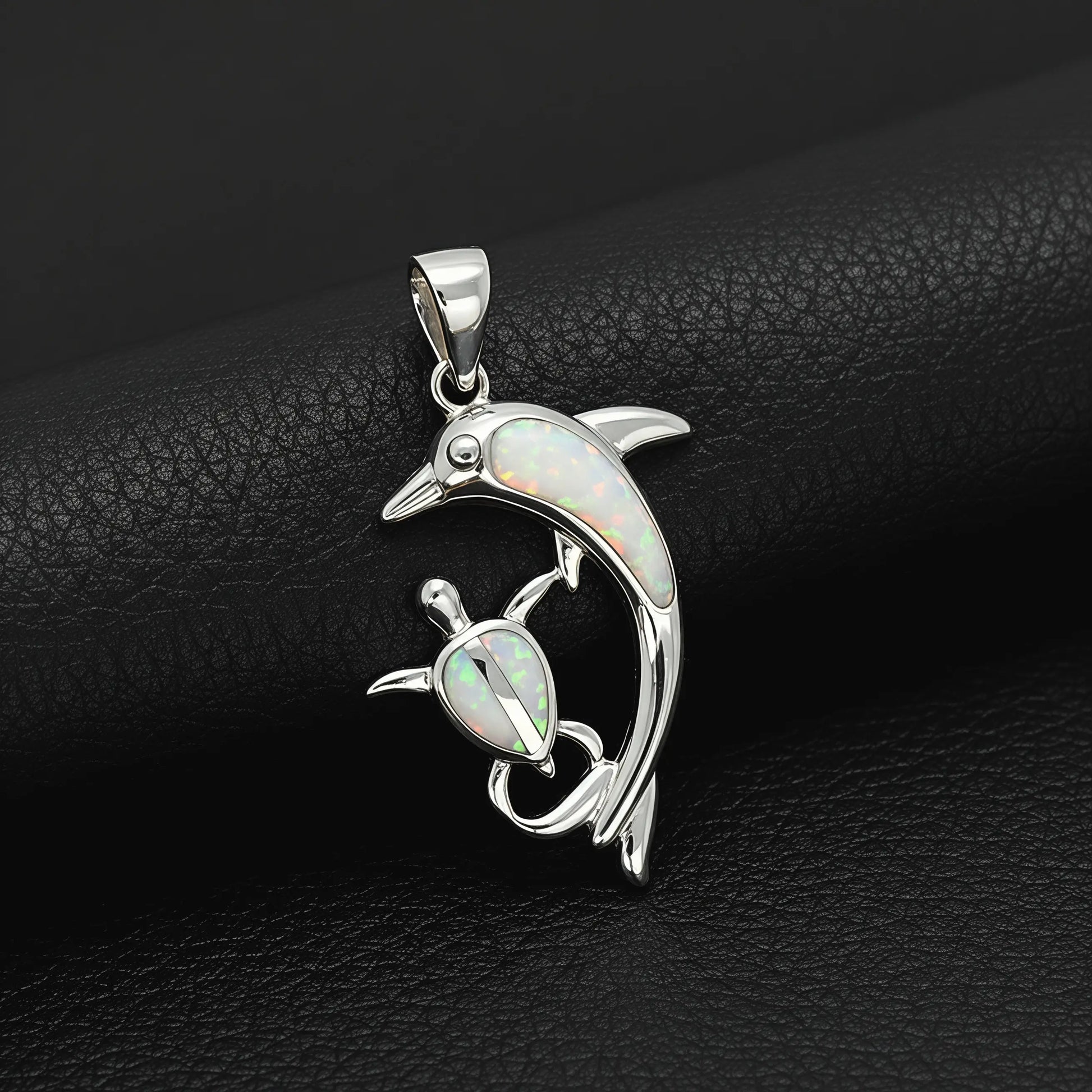 Sterling silver 925 Greek dolphin and turtle pendant with white opal stones