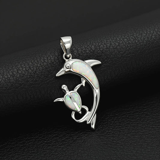 Sterling silver 925 Greek dolphin and turtle pendant with white opal stones