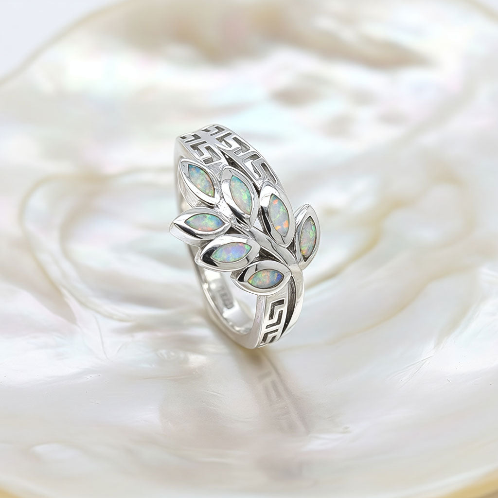 Sterling silver 925 ring with white opal and Greek key design
