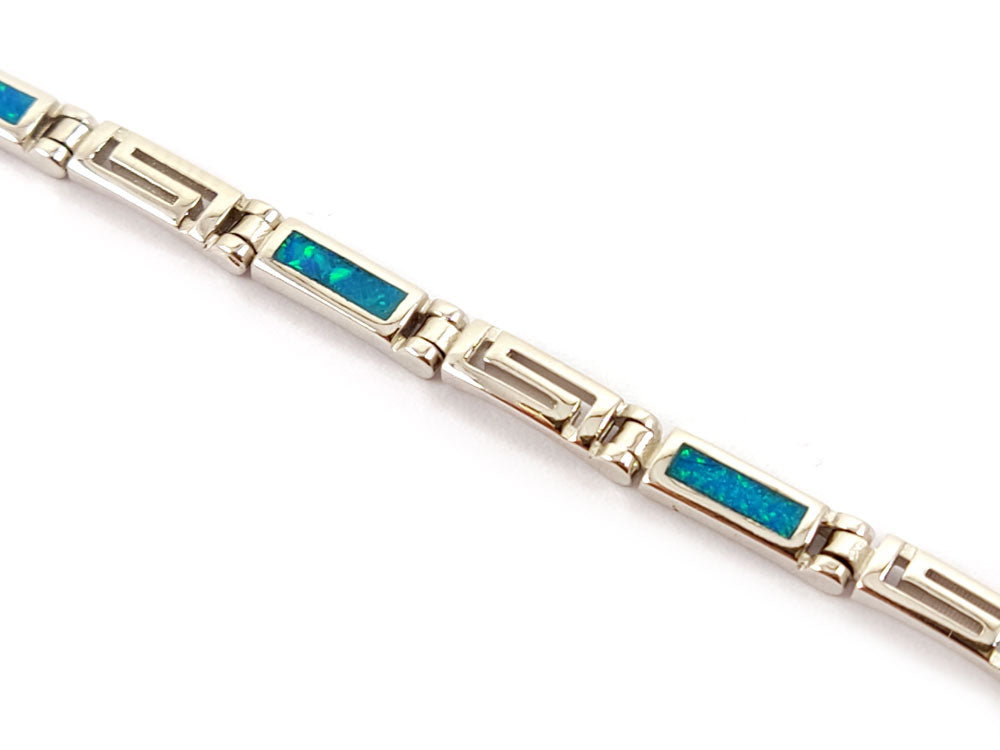 Sterling Silver Greek Key Meander Bracelet with blue opal stones, 3mm wide, adjustable length 18.5-21 cm, crafted in Greece with hallmarked 925 silver, elegant and timeless design.