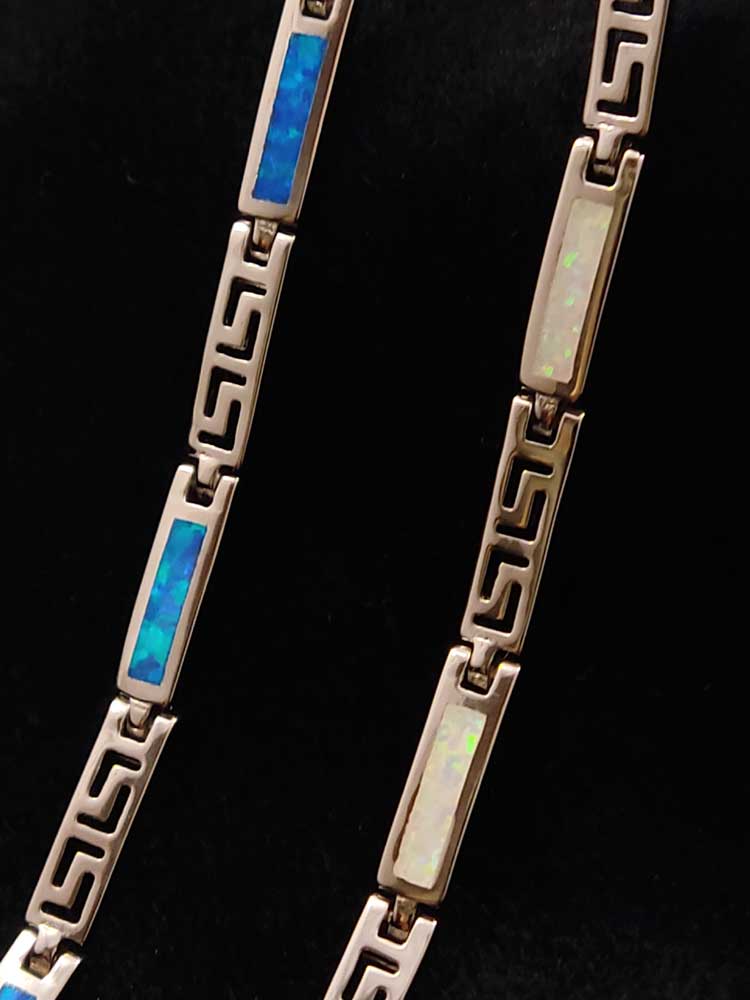 Greek Key Blue And White Opal Fine Silver Bracelet