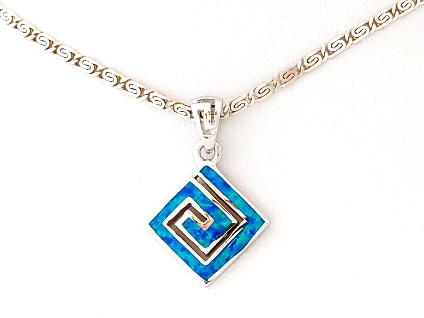 Blue Opal Silver Greek Necklace Pendant 12x12mm