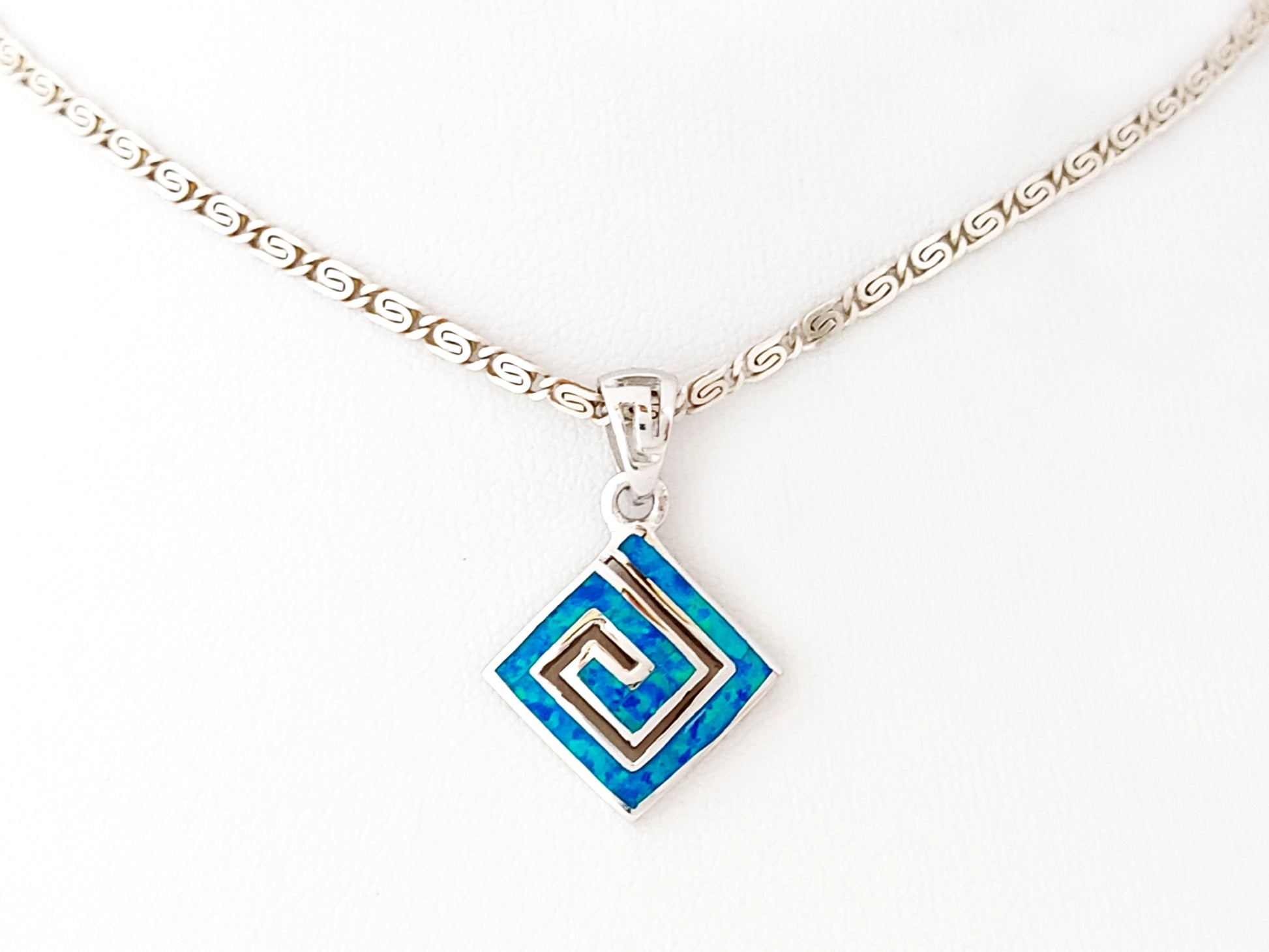 Sterling Silver 925 Blue Opal Greek Key Infinity Pendant Necklace - Exquisite Greek-inspired design with Blue Opal stone on 2mm silver chain. Handcrafted in Greece, Hallmark 925.