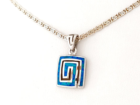 Sterling Silver 925 Blue Opal Greek Key Infinity Pendant Necklace - Greek-inspired silver pendant with a Blue Opal gemstone, showcasing an infinity design and Greek Key pattern on a 2mm silver chain. Made in Greece, Hallmark 925, Free Shipping.