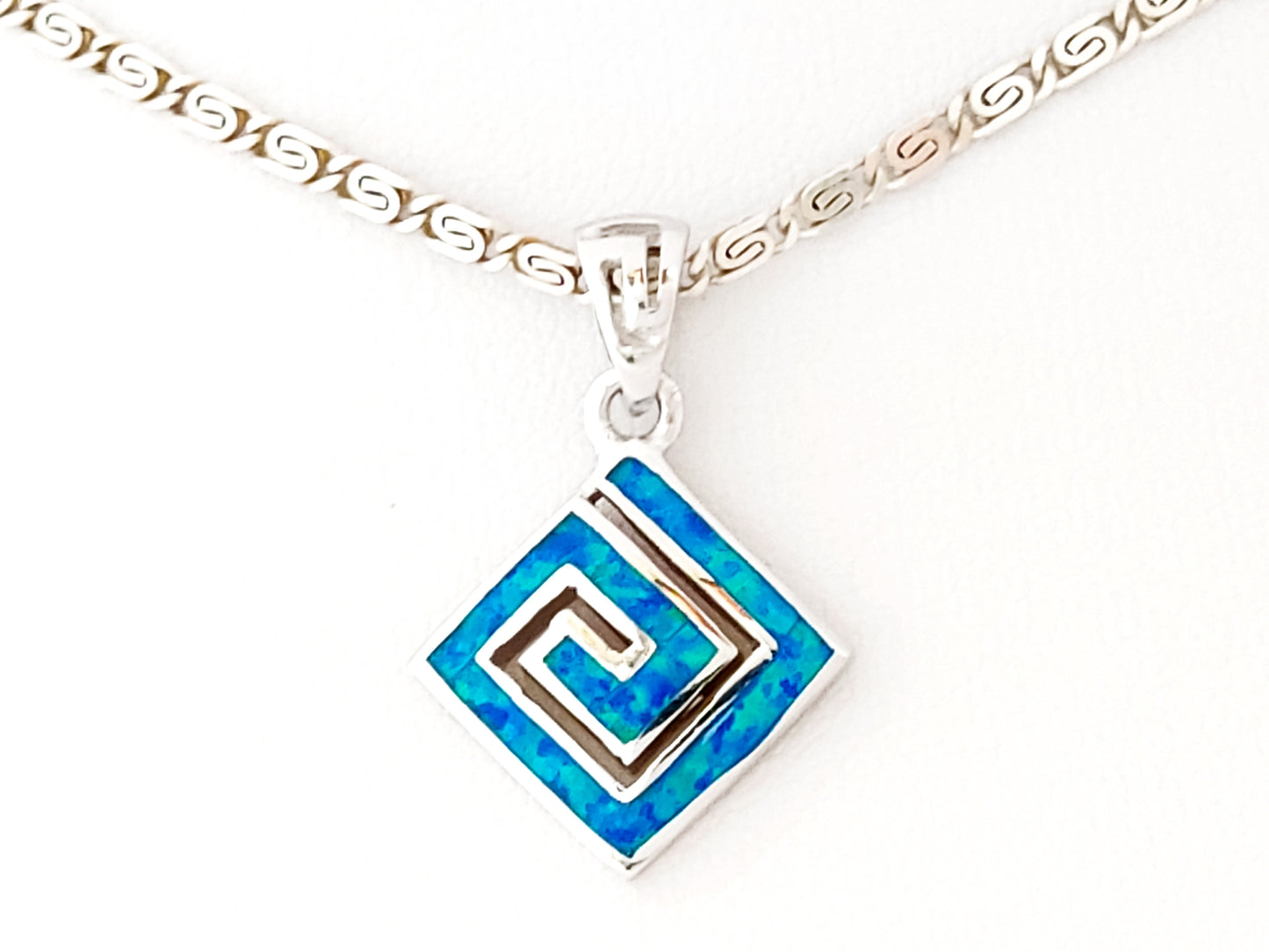 Blue Opal Silver Greek Necklace Pendant 12x12mm