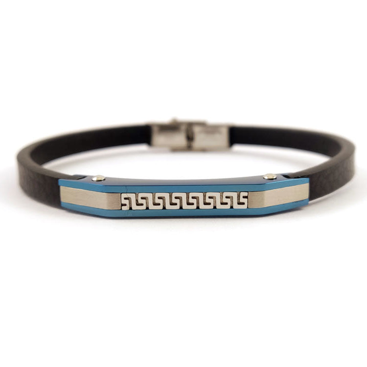 Men’s stainless steel and black leather bracelet with silver-blue Greek key design