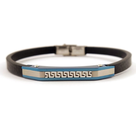 Men’s stainless steel and black leather bracelet with silver-blue Greek key design