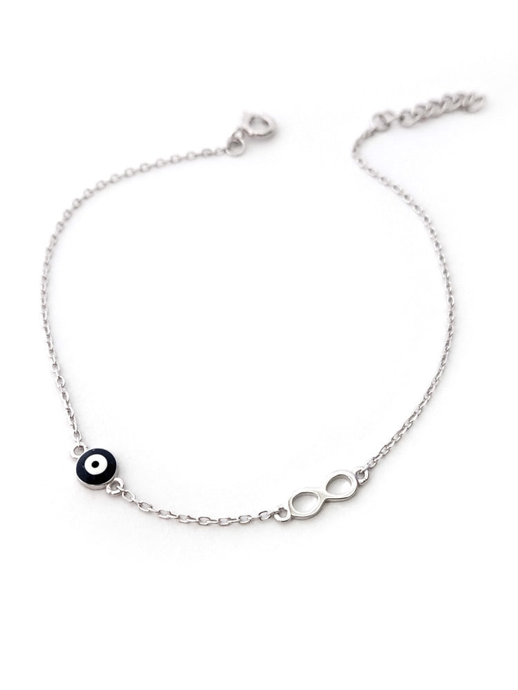 Elegant Greek silver bracelet featuring evil eye and infinity symbols 
