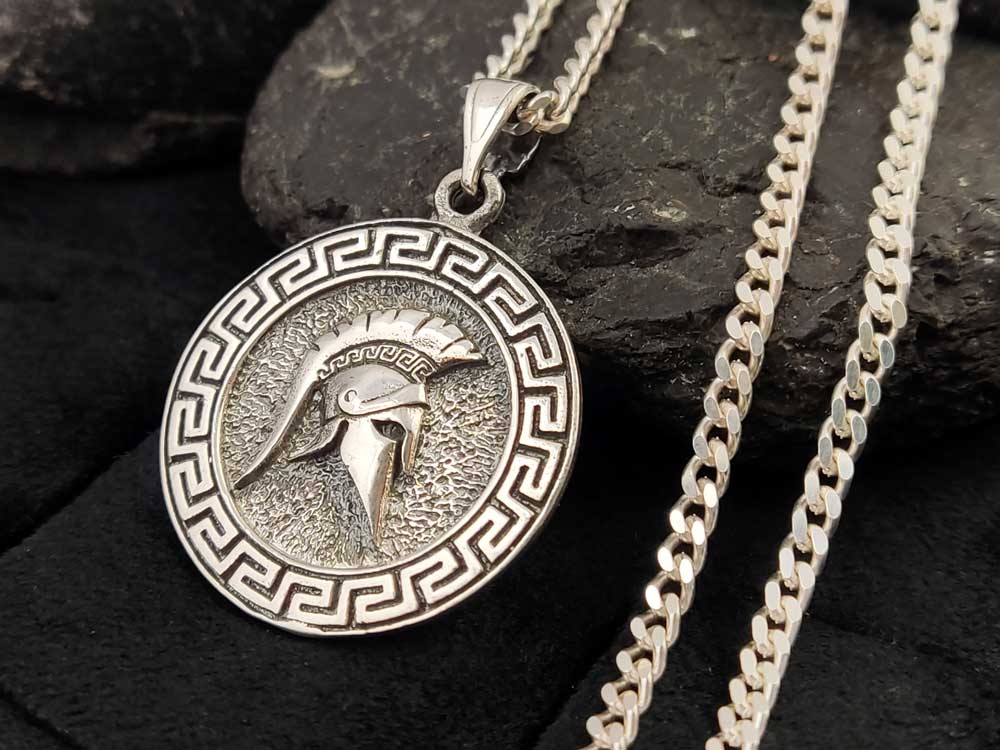 Full view of sterling silver 925 Greek Key and Ancient Greek helmet pendant, highlighting the 25mm size.

