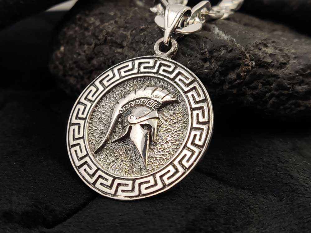 Sterling Silver 925 pendant with Greek Key pattern and warrior helmet, displayed with or without the chain.
