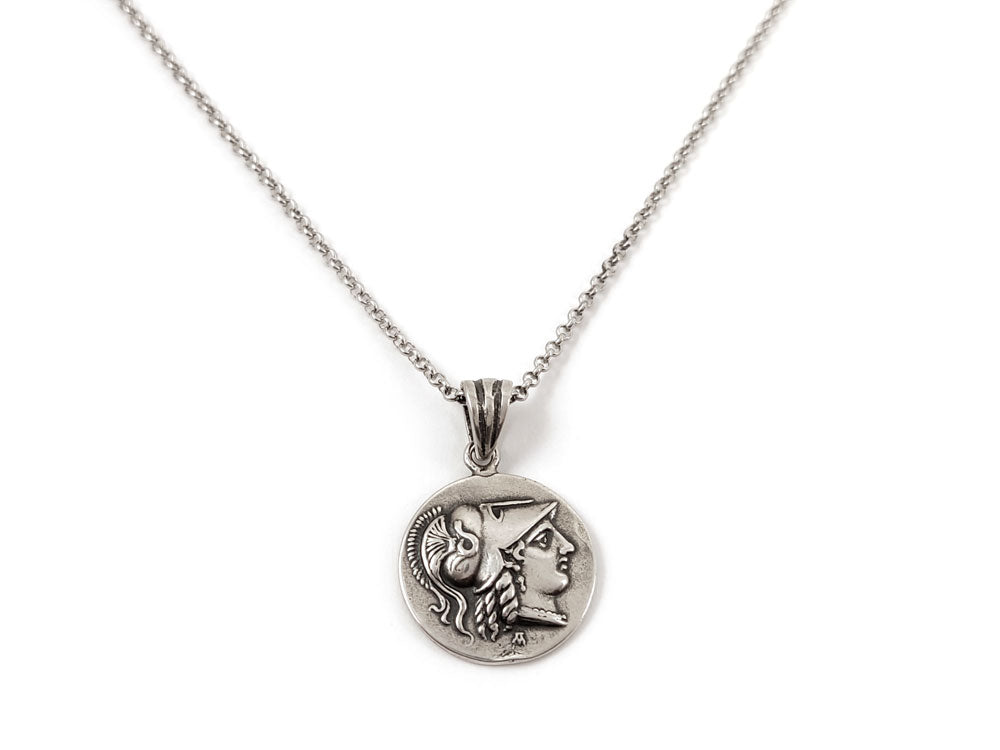 "Elegant Sterling Silver 925 Athena pendant, 20mm size with 2mm chain, featuring a Greek Goddess design, free worldwide shipping."
