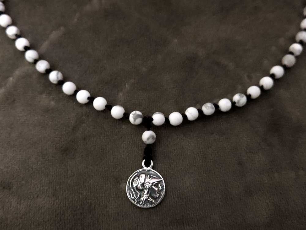 Greek Silver Jewelry: Handmade Necklace with Athena Pendant and Howlite Stones