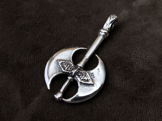 Greek Double Axe Labrys Silver Pendant, measuring 38x21mm, displayed on a gray background.