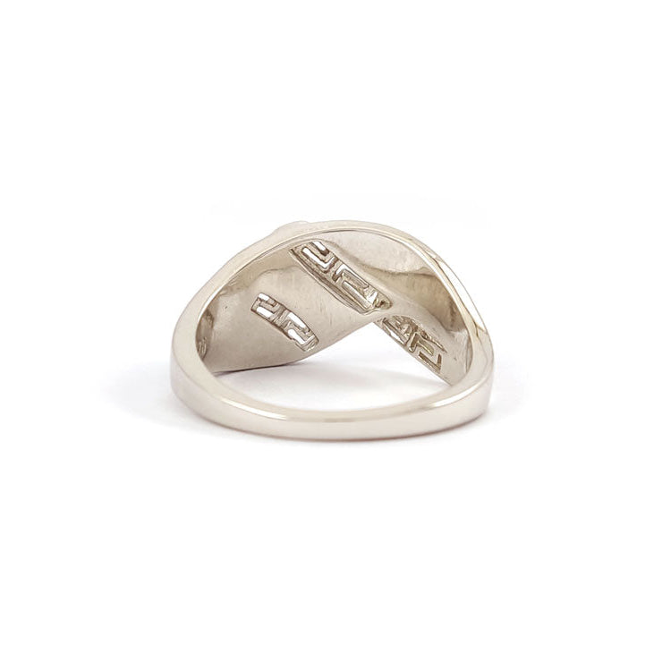 Backview of Silver ring with Greek Key Meander engraved design on a white background