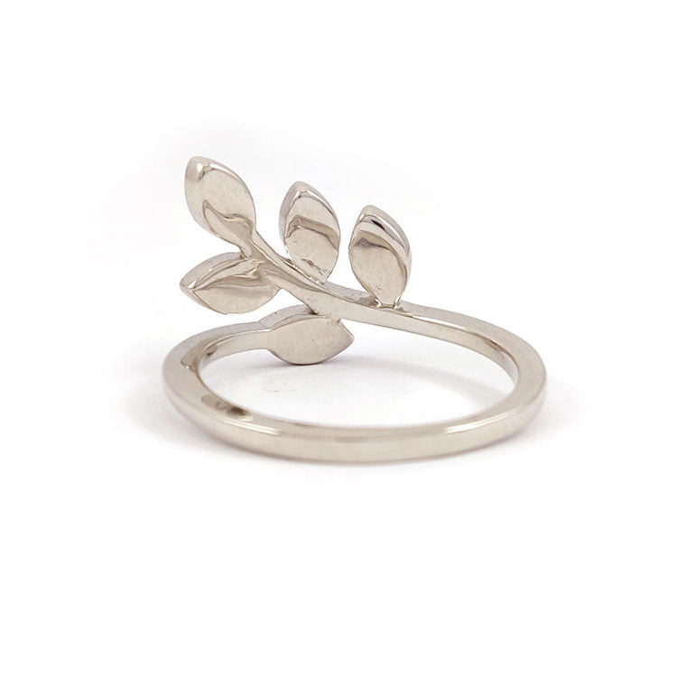 "Close-up of olive leaf blue opal ring 15 mm center width Greek silver jewelry"