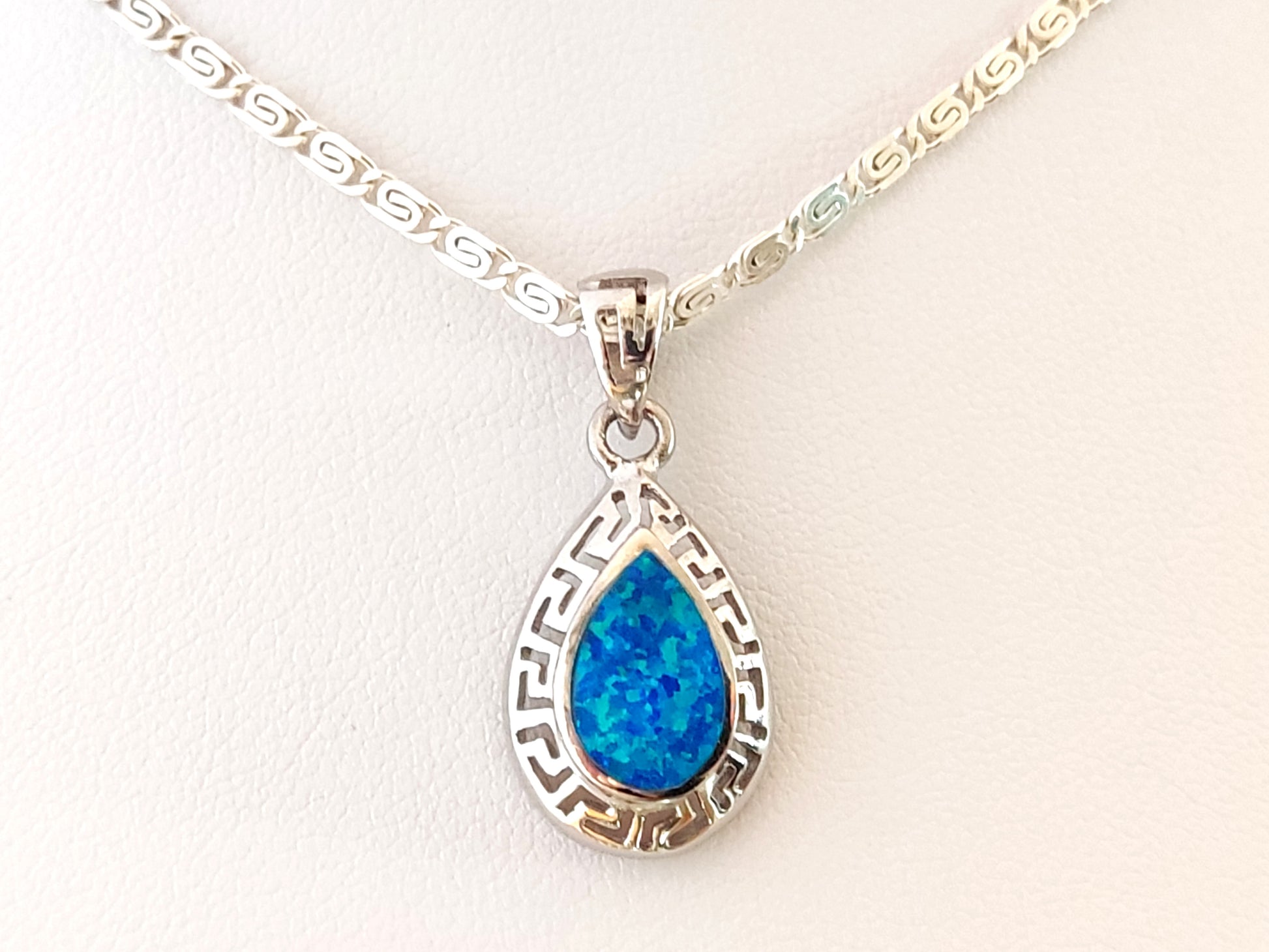 Sterling Silver 925 Blue Opal Greek Infinity Pendant - Greek Silver Jewelry