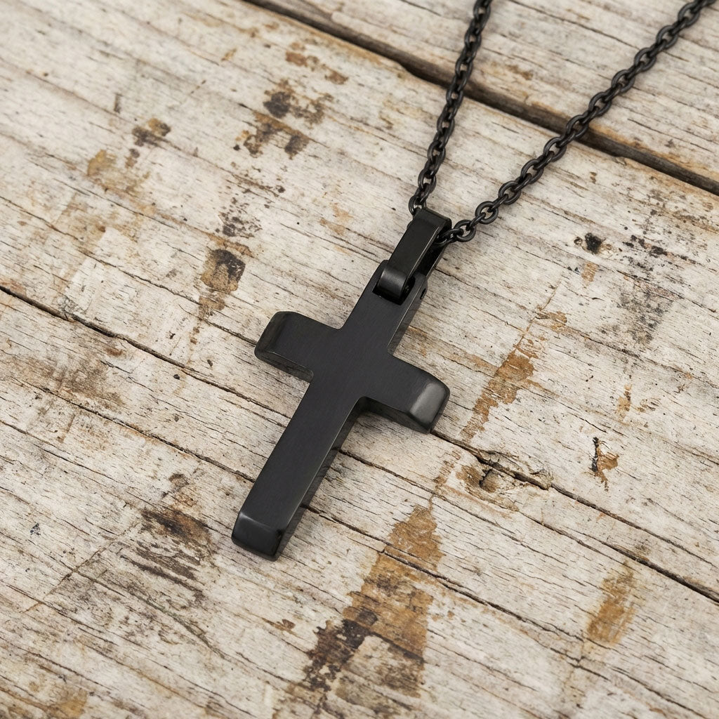 Black stainless steel cross necklace front view