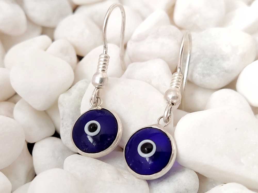 Handmade Evil Eye Nazar Mati Dark Blue Greek Silver Dangle Earrings, 10mm