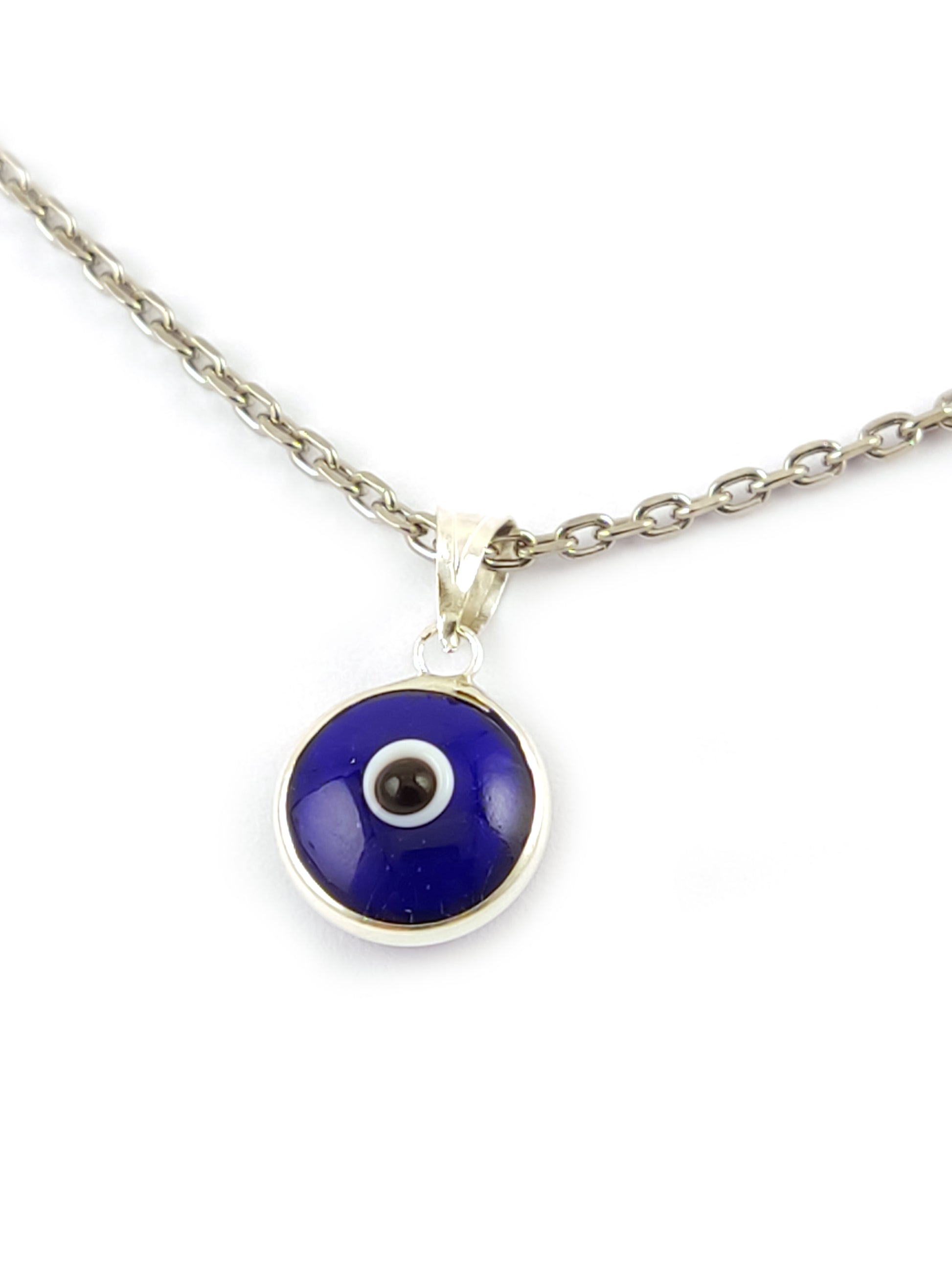Dark blue nazar evil eye silver necklace from Greece.
