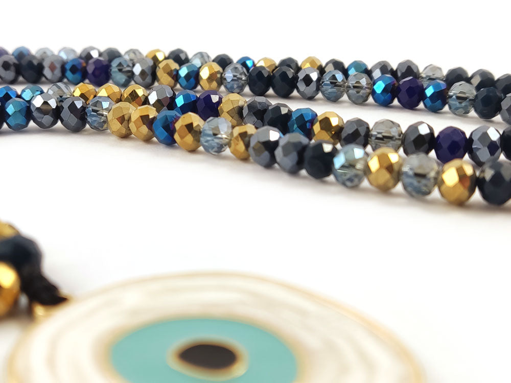Evil Eye Necklace Dark Blue Gold Crystals 6mm