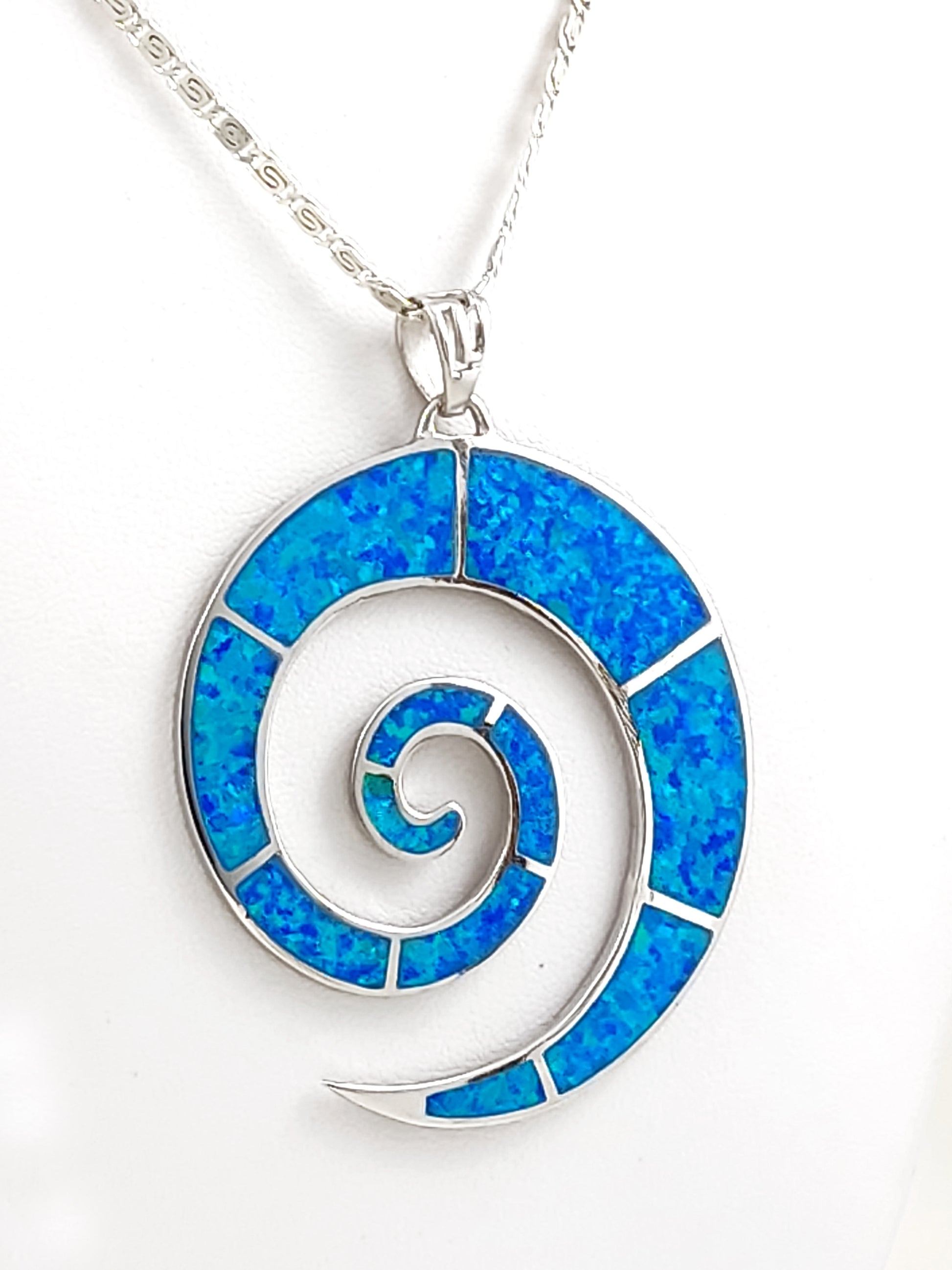 Blue opal Greek silver spiral big pendant measuring 50 mm in diameter from Greece.