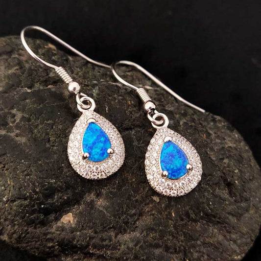Sterling Silver 925 Blue Opal Drop Earrings handmade in Greece