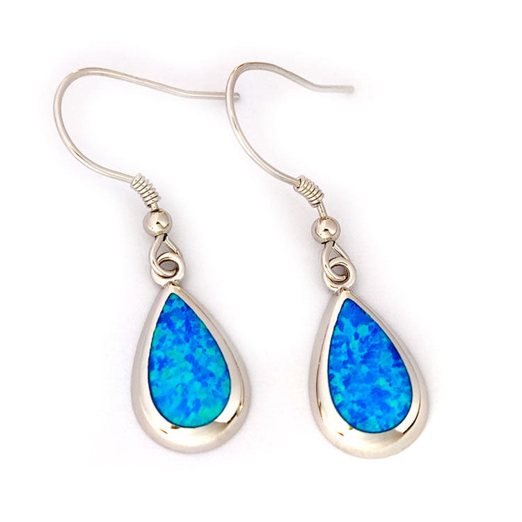 Blue opal silver earrings indrop shape on white background.