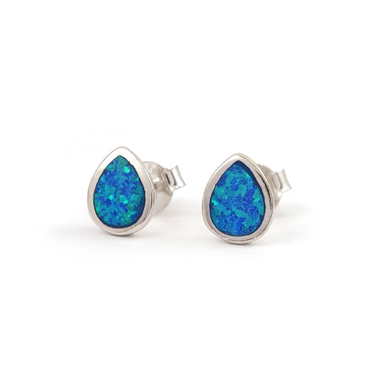 Small teardrop sterling silver 925 blue opal earrings Greece on white background