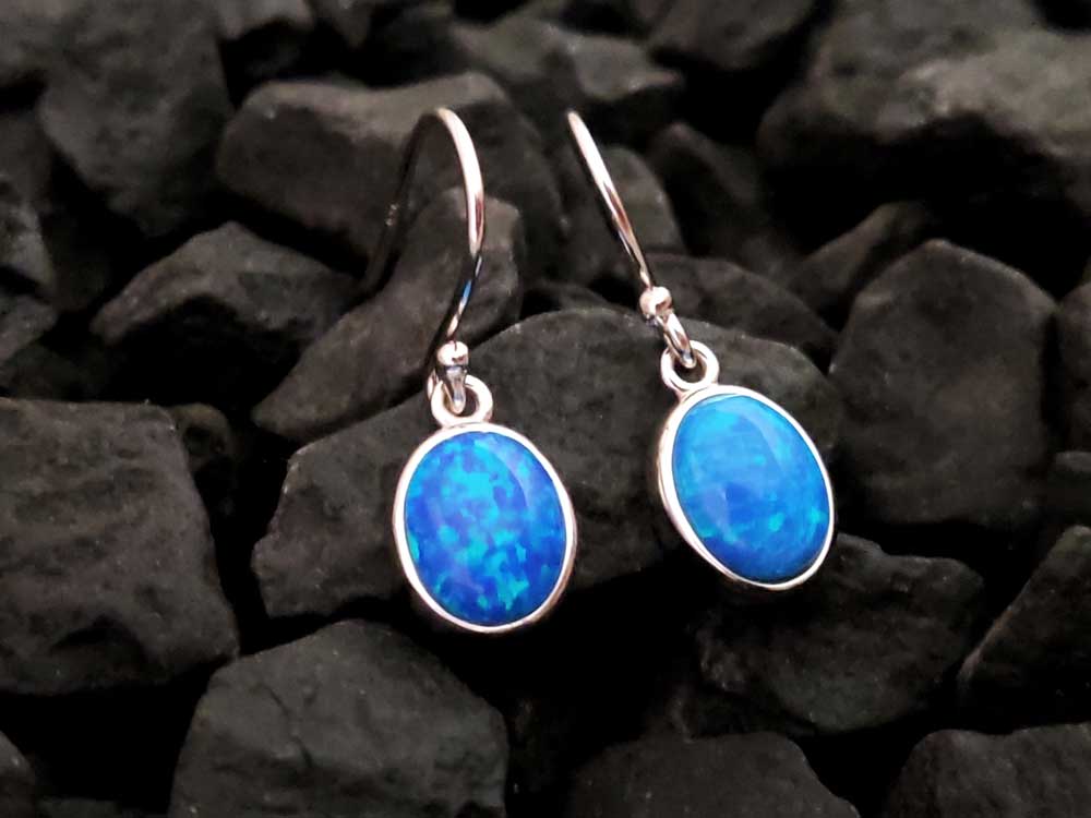 Blue Opal Oval Stones Dangle Earrings 10x9mm