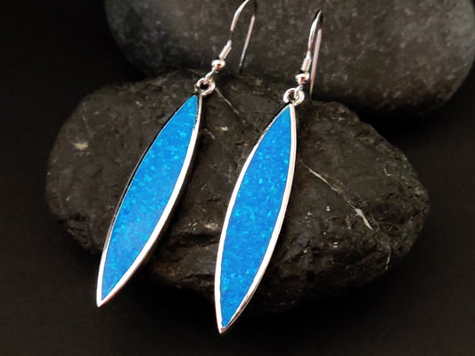 Blue Opal Eye Shape Silver Dangle Earrings - 38x9mm , made in Greece and free shipping is included.