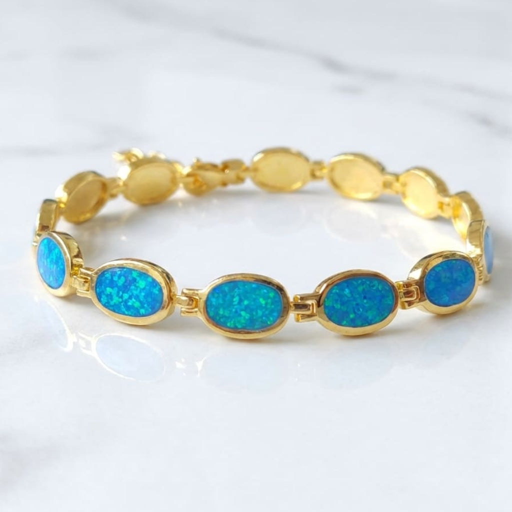 Sterling Silver 925 Blue Opal Oval Bracelet with 22K Gold Plating