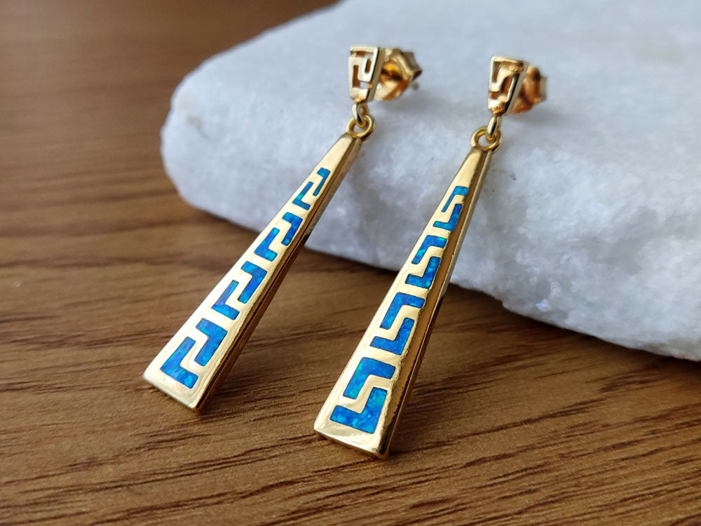 Blue opal Meander design drop earrings with butterfly clips