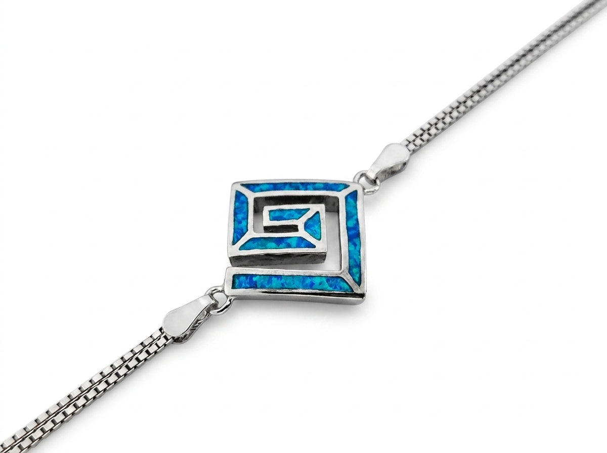 Greek meander infinity bracelet blue opal sterling silver 925 close up
