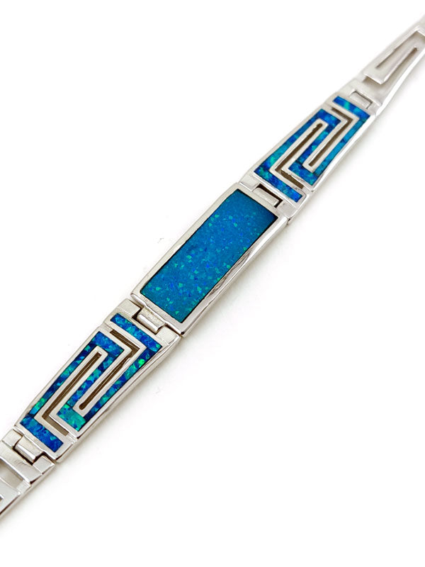 Greek Key Blue Opal Gradual Silver Bracelet
