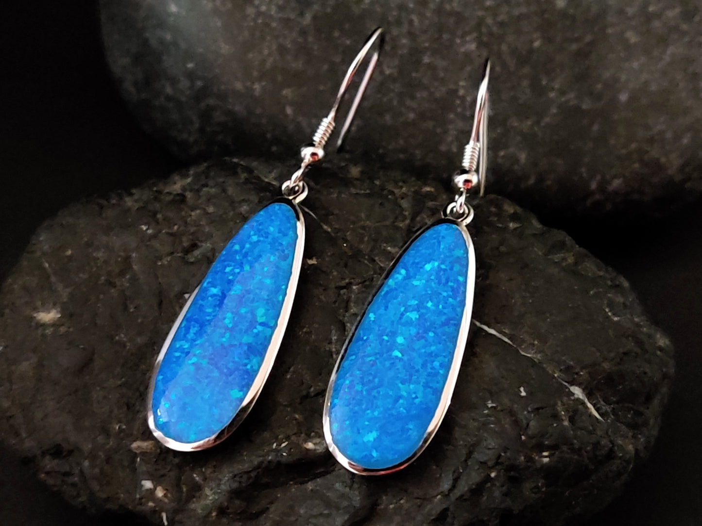 Blue Opal Drop Shape Silver Dangle Earrings 24x10mm
