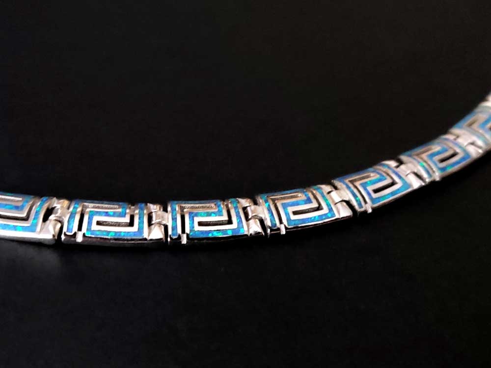 Greek Key Blue Opal Curved Silver Necklace