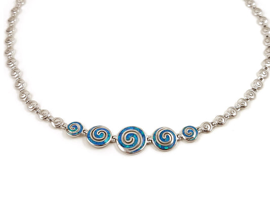 Griechische Spirale Blauer Opal Schrittweise Silber Halskette