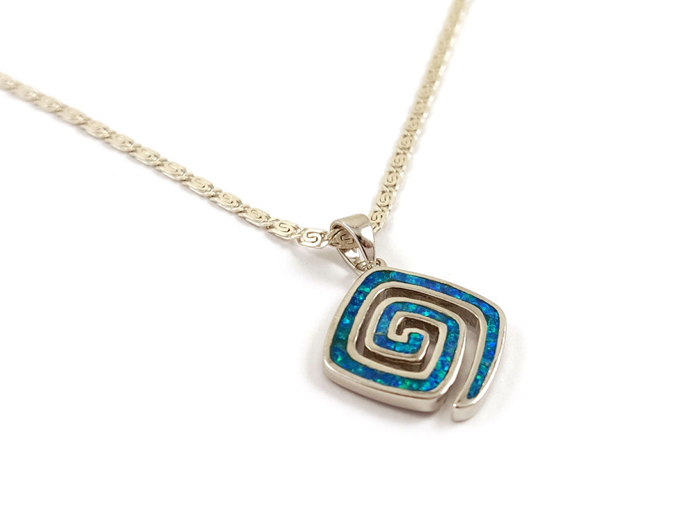 Greek Key Blue Opal Chain Pendant Necklace 15x15mm