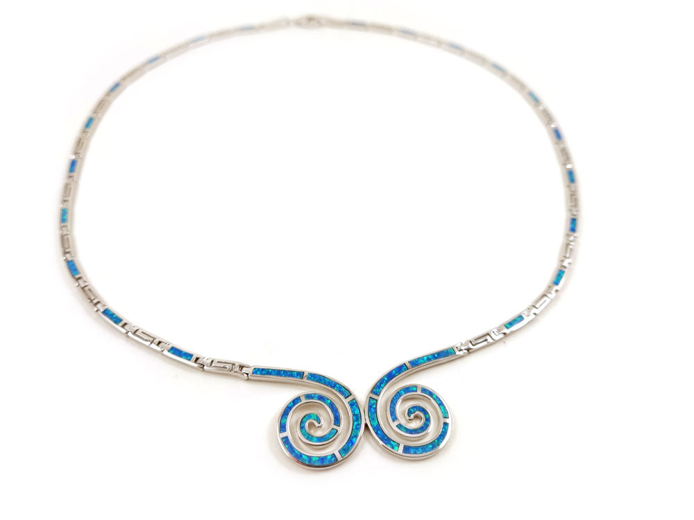 Greek Double Spiral Blue Opal Silver Necklace