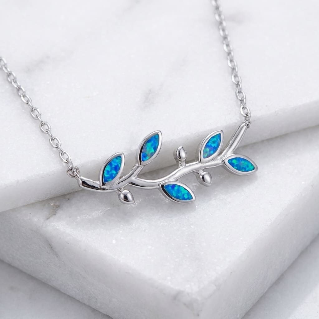 Sterling Silver 925 blue opal olive leaves Athena necklace made in Greece